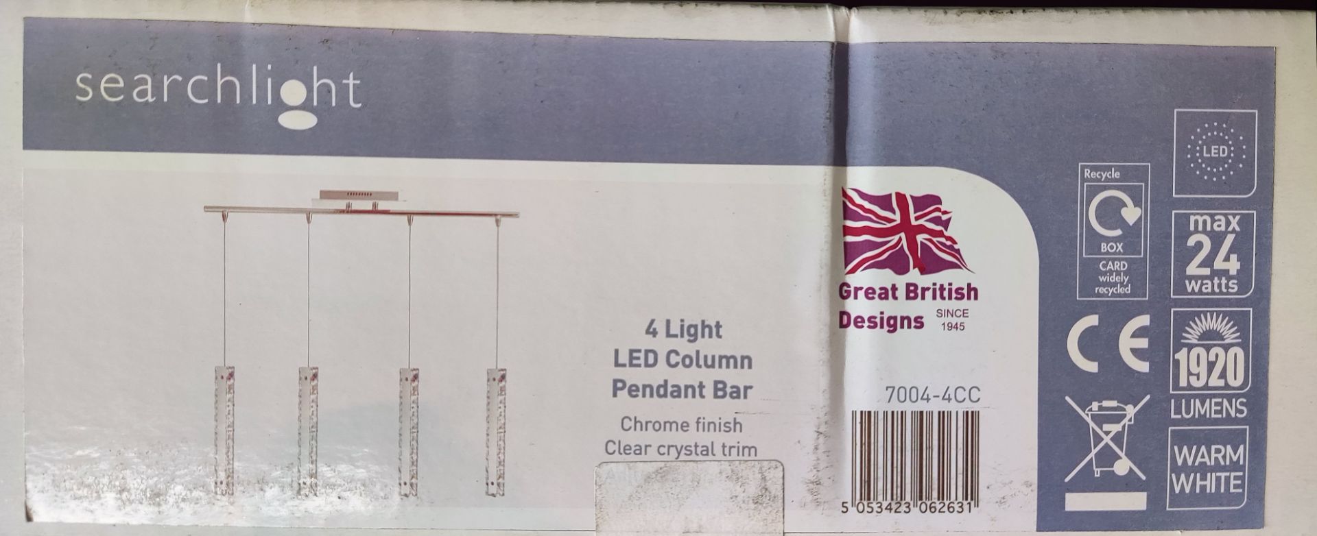 1 x Searchlight 4 Light LED Column Pendant Bar - Chrome Finish, Clear Crystal Trim - New Boxed Stock