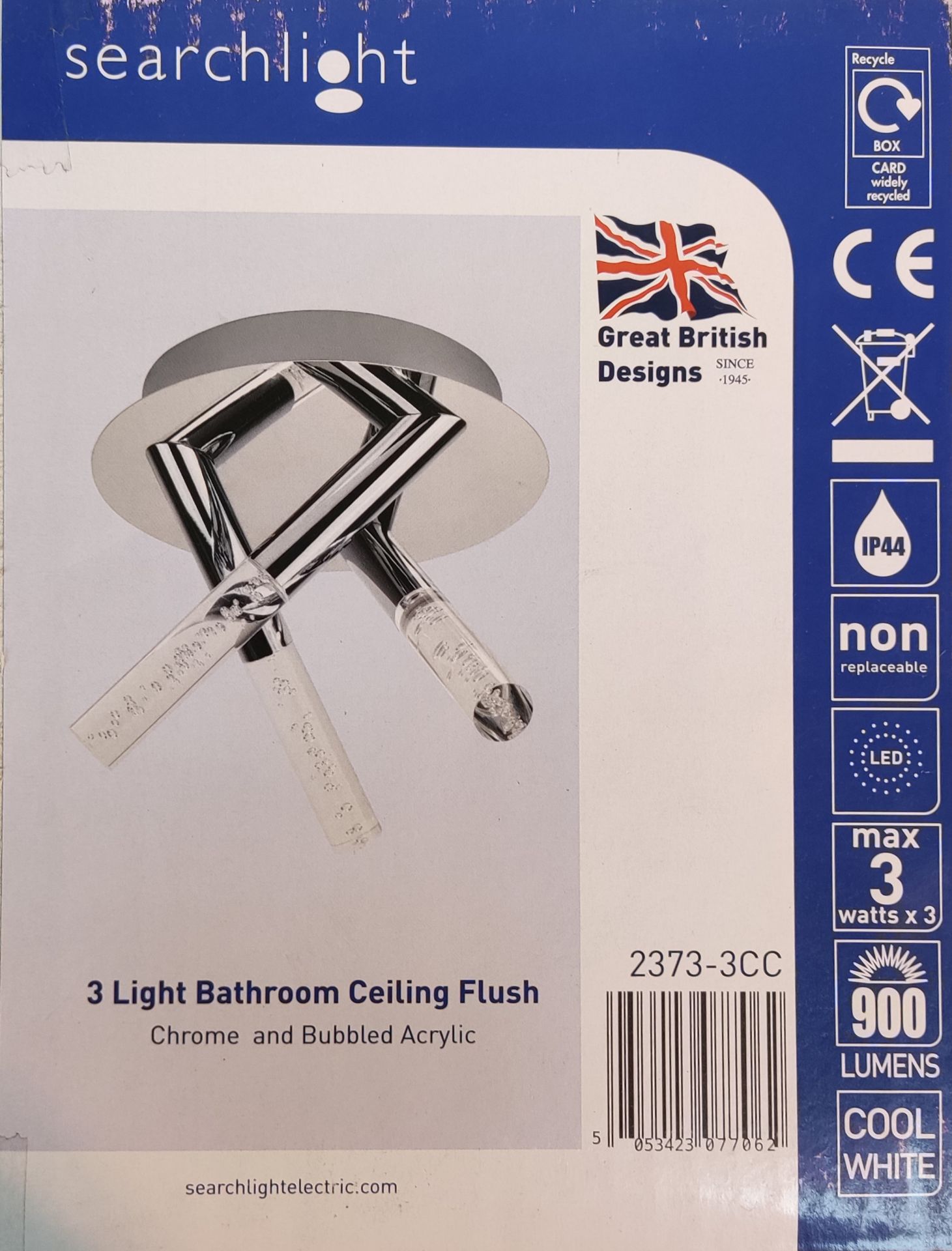 1 x Searchlight 3 Light Bathroom Ceiling Flush - Chrome and Bubbled Acrylic - New Boxed Stock - CL32