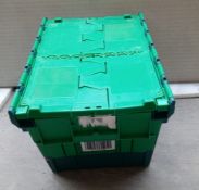 20 x Robust Green Plastic Secure Storage Tote Picking Boxes / Bins with Attached Back-Fold Hinged