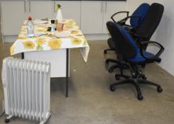 1 x Collection of Office Furniture - Includes 1 x Table, 3 x Office Chairs and 2 x Heaters