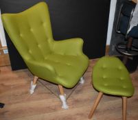 1 x Designer Inspired Retro Wingback Armchair With Footstool - Contemporary Green Fabric With