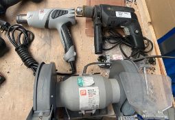1 x Assorted Collection of Power Tools - Includes Hammer Drill, Bench Grinder and Heat Gun