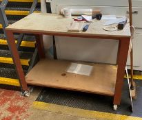 1 x Heavy Duty Workbench on Castors - Steel Frame With Wooden Top and Undershelf