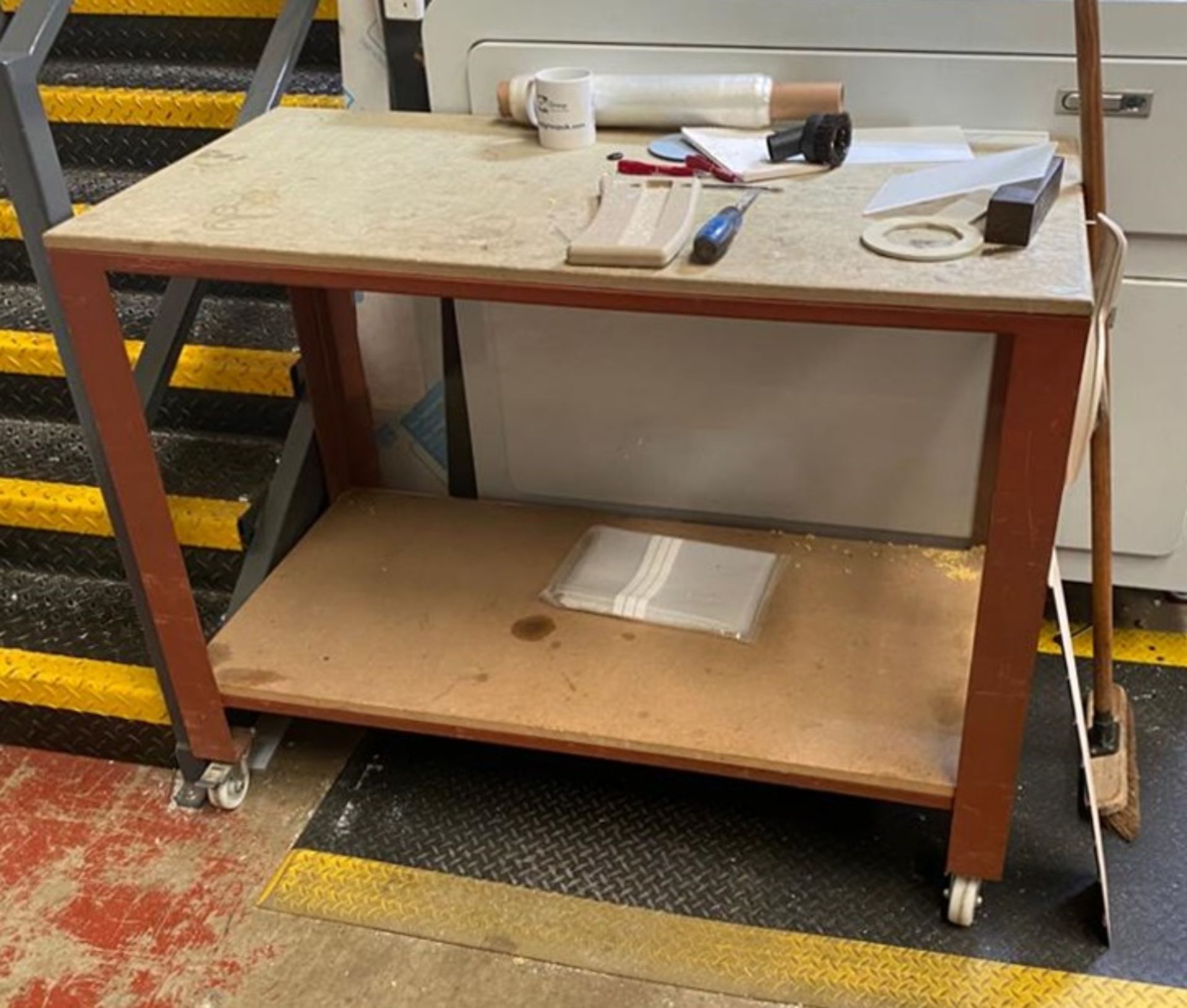 1 x Heavy Duty Workbench on Castors - Steel Frame With Wooden Top and Undershelf