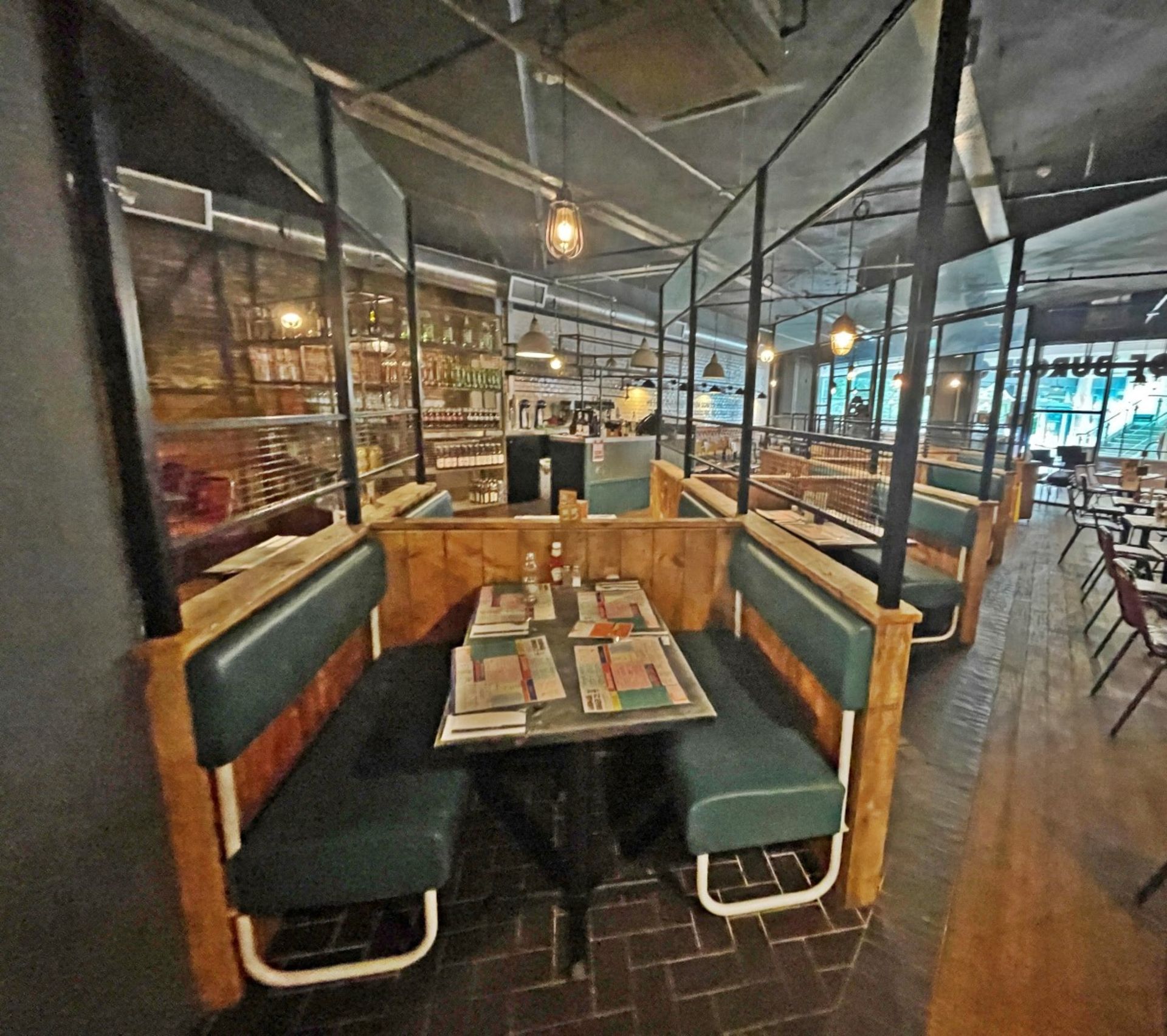 Large Seating Booth Area Featuring Rustic Wood Dividers Under Industrial Style Height Extenders - Image 16 of 27