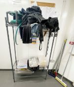 1 x Wire Shelf Unit With Contents - Weighing Scales, Workwear, Gastro Pans, Water Hose, Brush & More