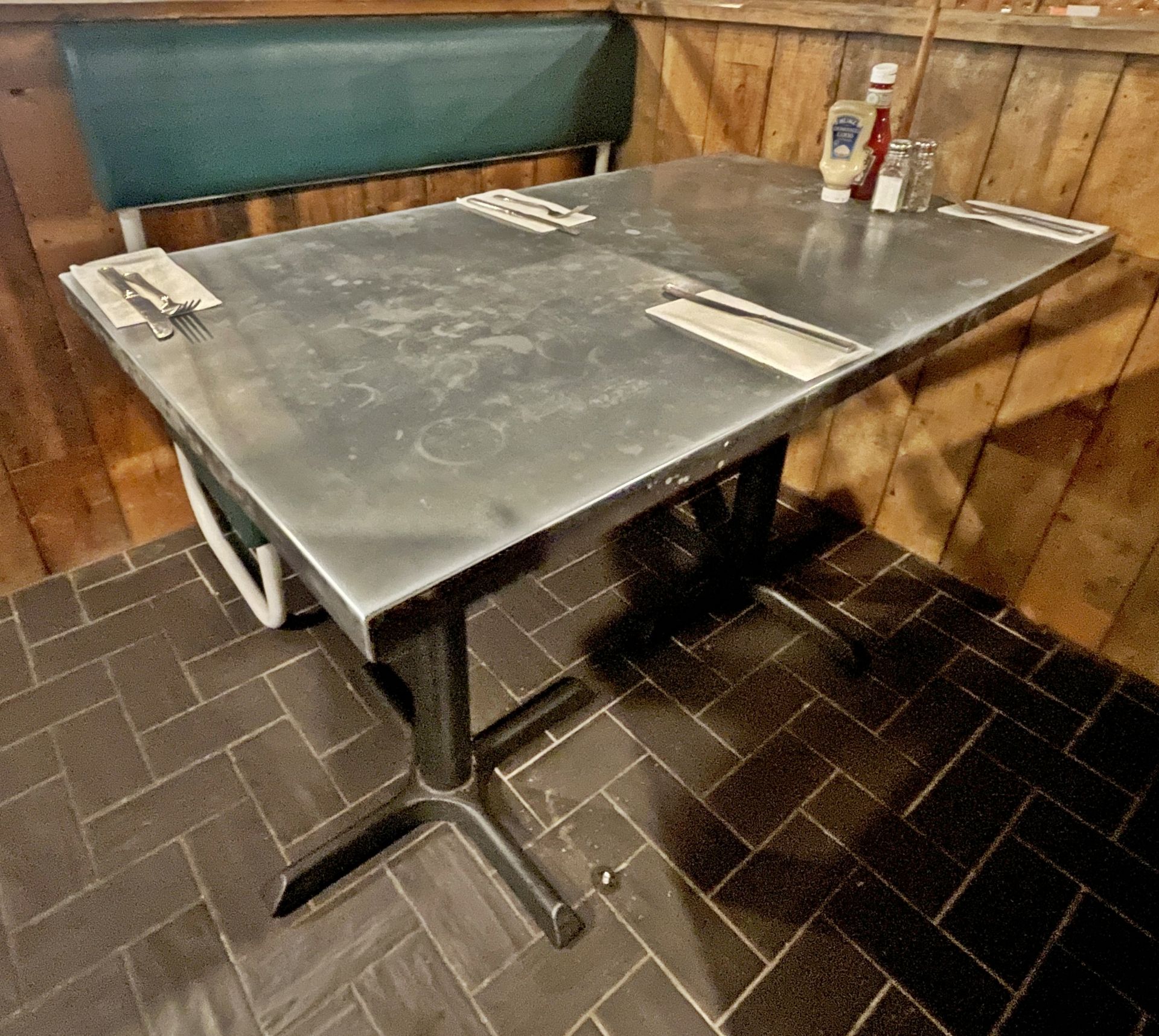 1 x Rectangular Dining Table Featuring Cast Iron Bases and Stone Effect Top With Metal Edges 120x70 - Image 4 of 7