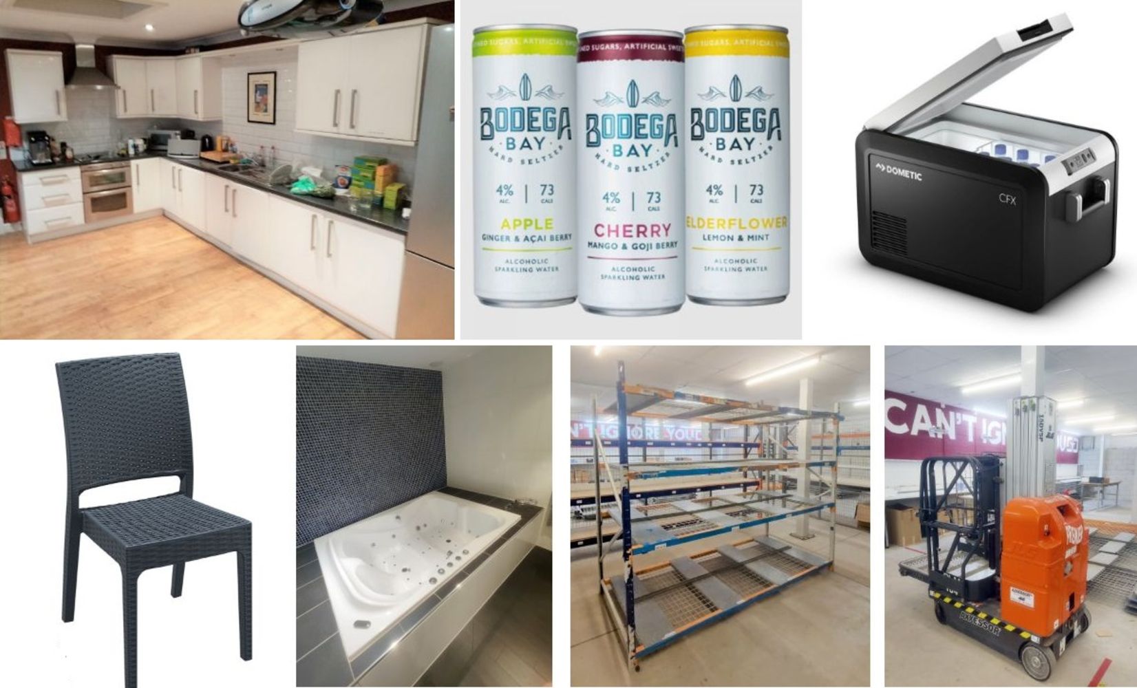 Fitted Kitchen & Appliances, Jacuzzi Bath and Shower, Storage Racking, Bodega Bay Seltza, Dometic Camping Fridges, Catering Equipment and More!