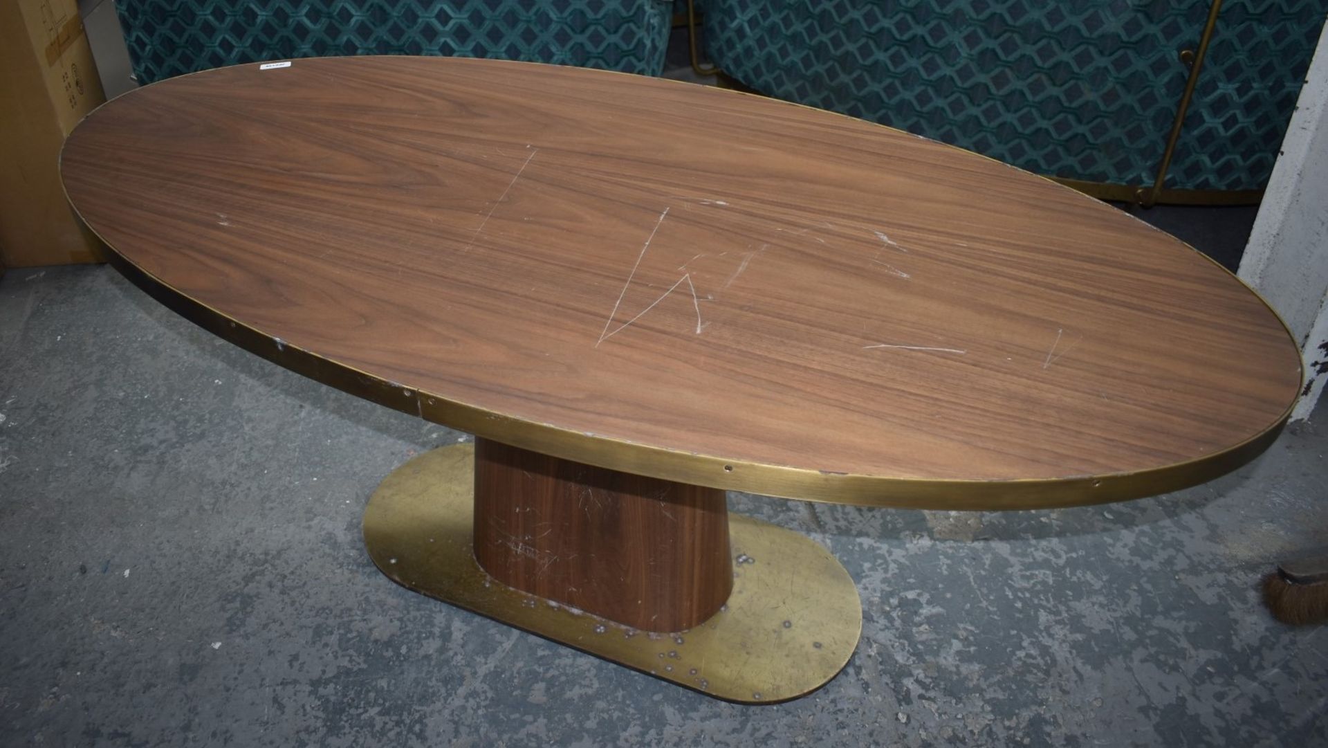 1 x Oval Banqueting Dining Table By AKP Design Athens - Walnut Top With Antique Brass Edging - Image 3 of 10