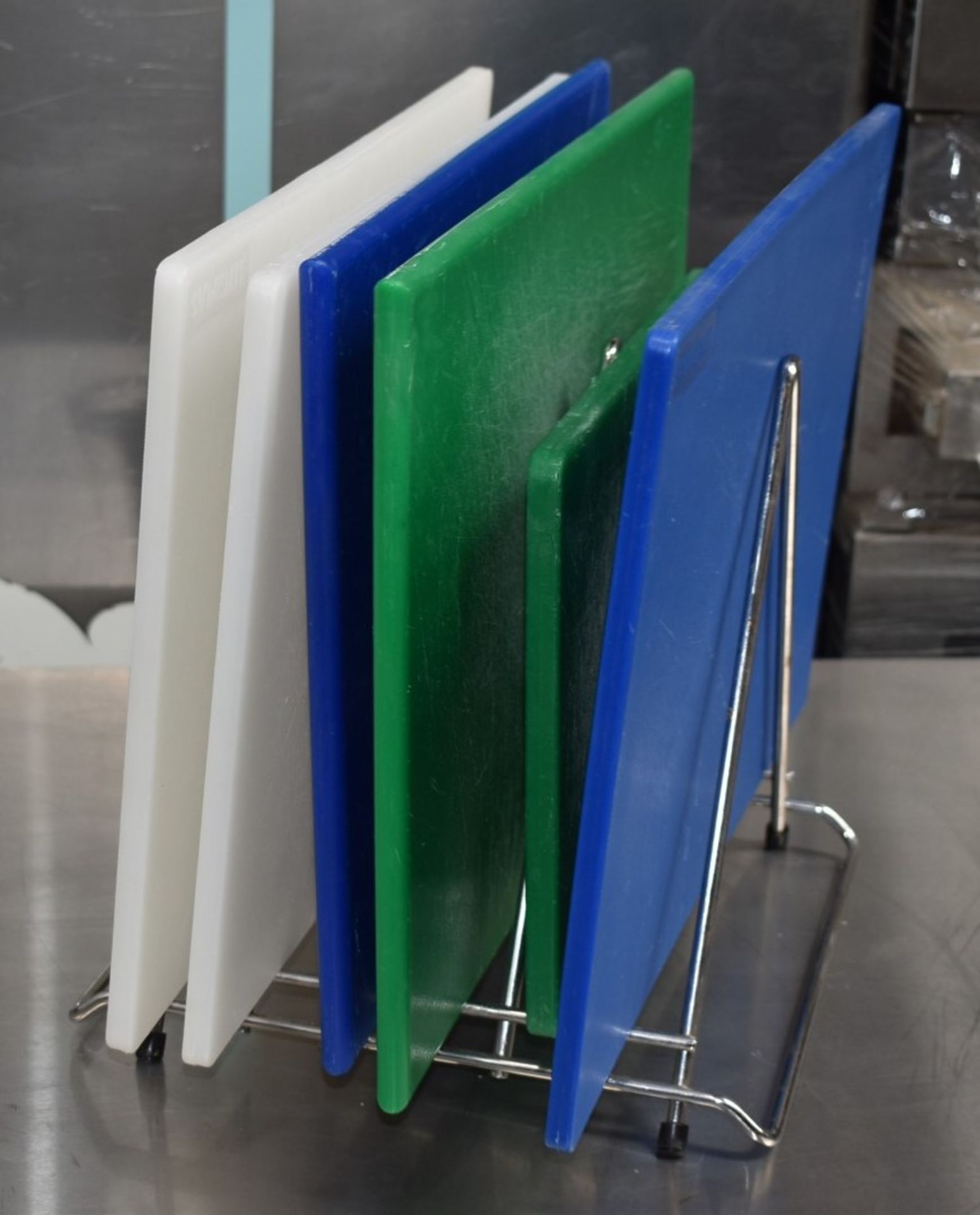 6 x Colour Coded Chopping Boards For Commercial Kitchens - Hygienic Plastic Design With Stand - Image 7 of 8