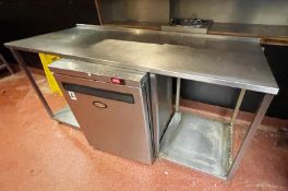 1 x Stainless Steel Corner Prep Table With Space For Undercounter Fridge and Two Undershelves