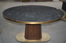 1 x Oval Banqueting Dining Table By AKP Design Athens - Black Marble Effect Top Antique Brass Edging