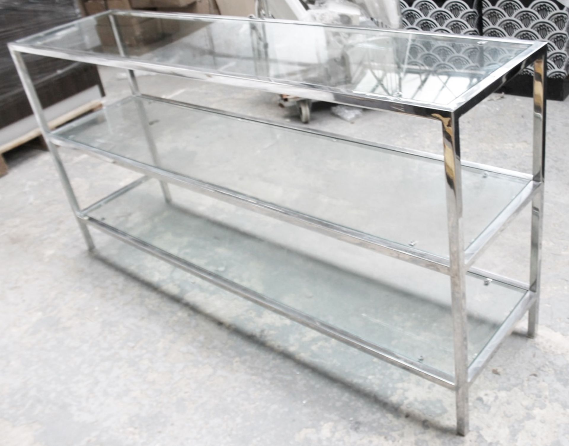 1 x 3-Tier Rectangular Metal Shop Display Unit With Glass Shelves In Chrome - Ex-Display Showroom - Image 2 of 2