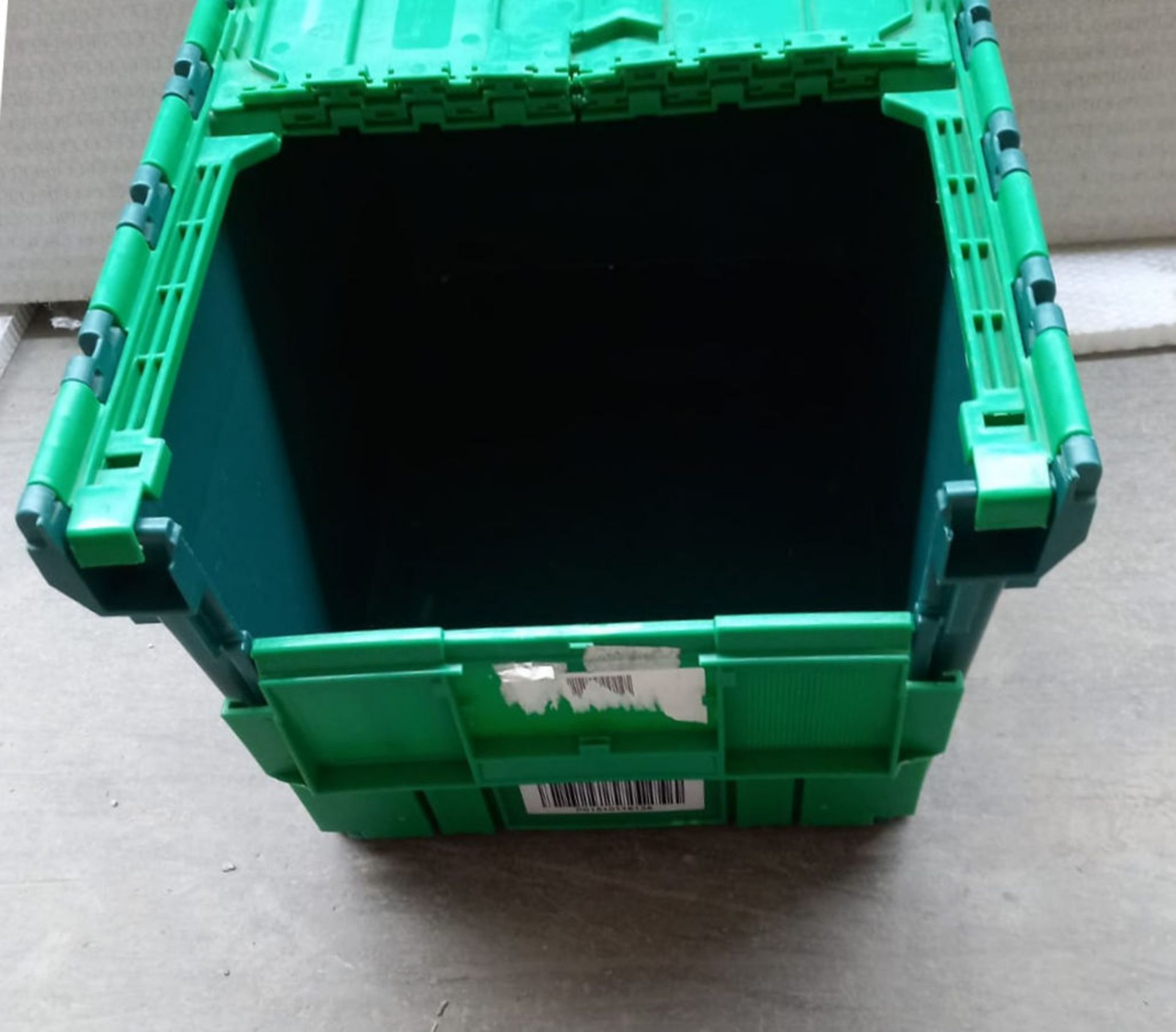 20 x Robust Green Plastic Secure Storage Tote Picking Boxes / Bins with Attached Back-Fold Hinged - Image 2 of 4