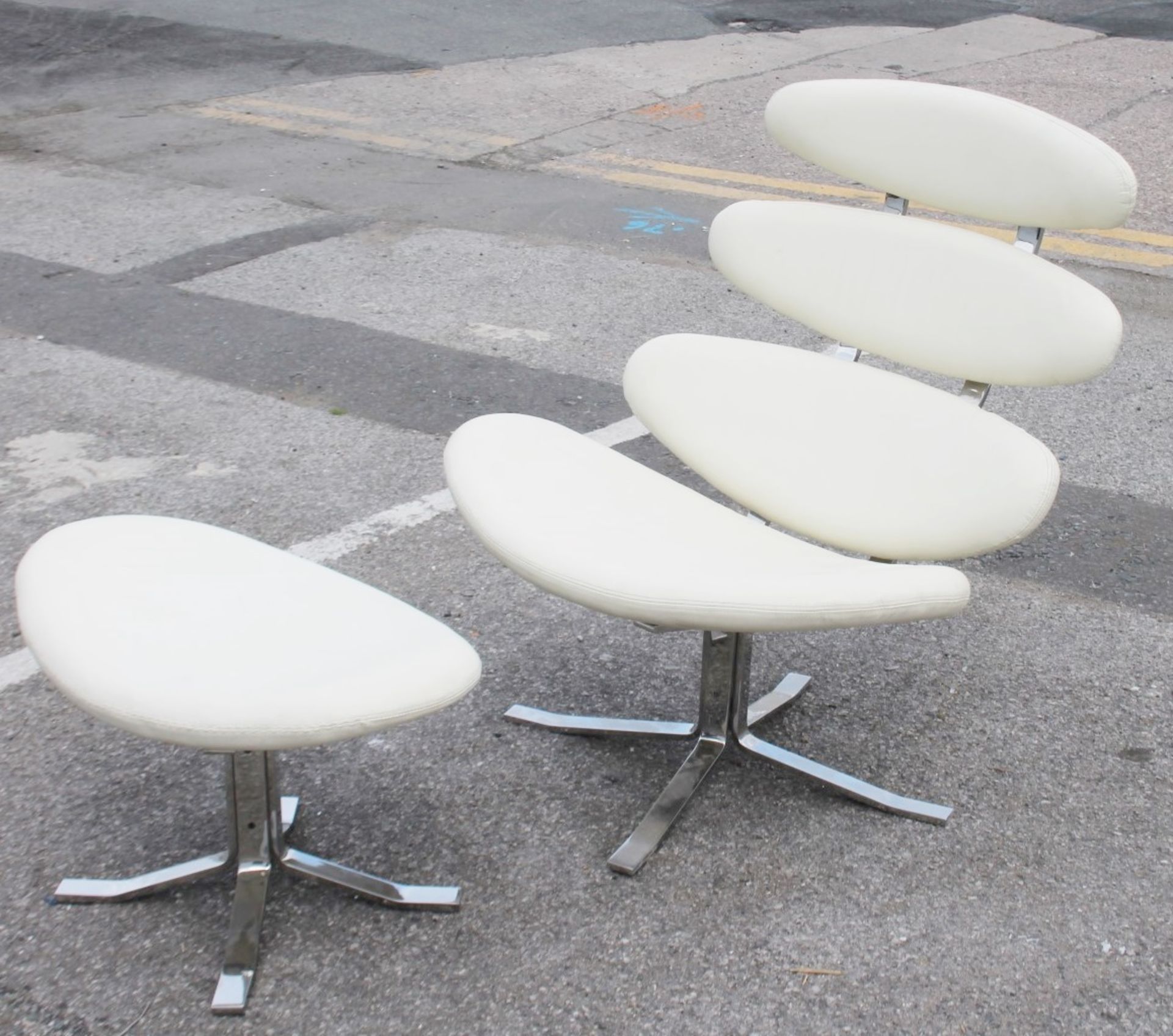 1 x Retro-Inspired Lounge Chair And Stool, Upholstered In A Cream Faux Leather - Ex-display Item