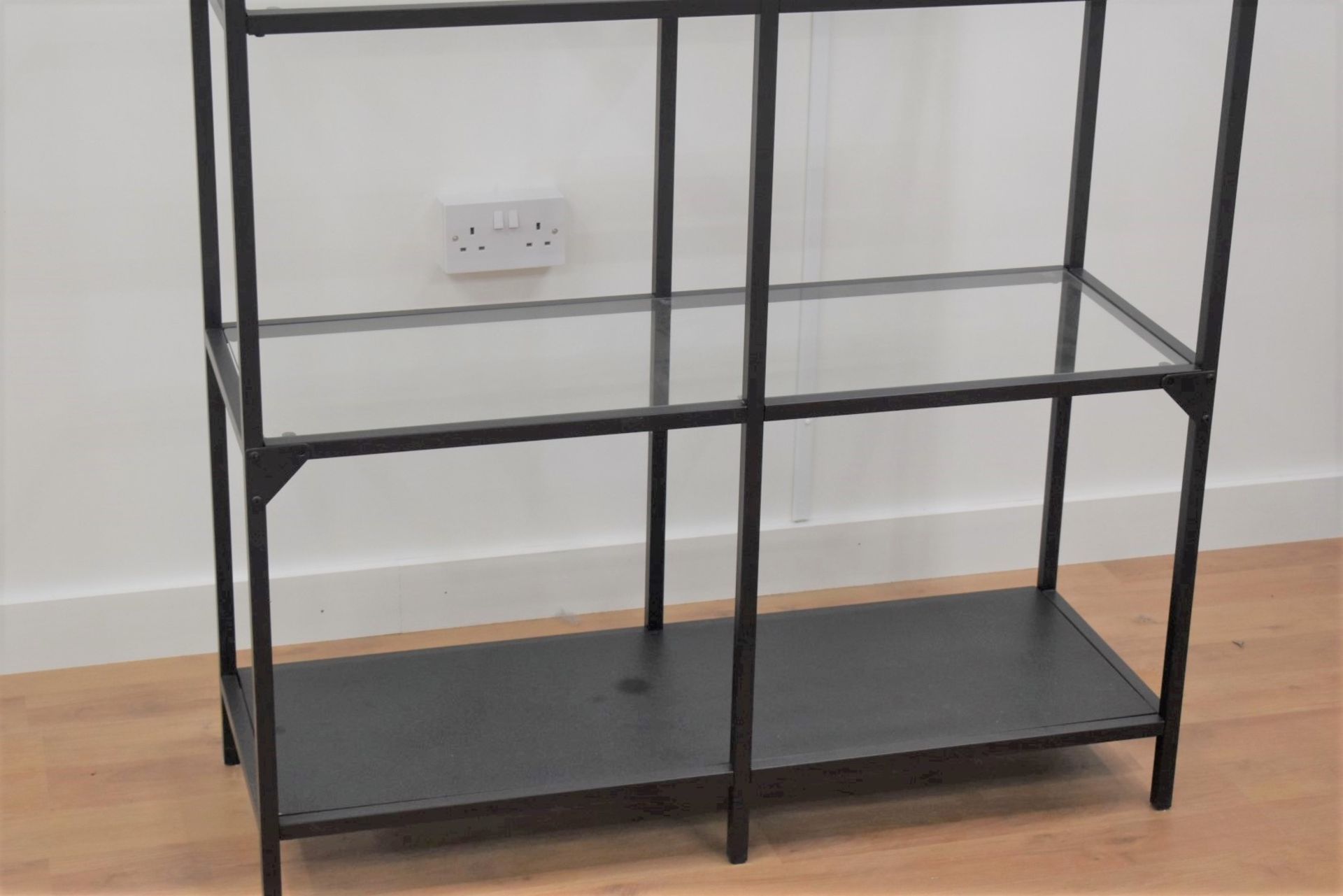 1 x Upright Modern Display Shelving Unit With Metal Frame and Glass Shelves - Image 2 of 5
