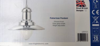 2 x Searchlight Fisherman Pendant - Chrome Finish, Clear Glass Shade - New Boxed Stock - CL323 - Ref