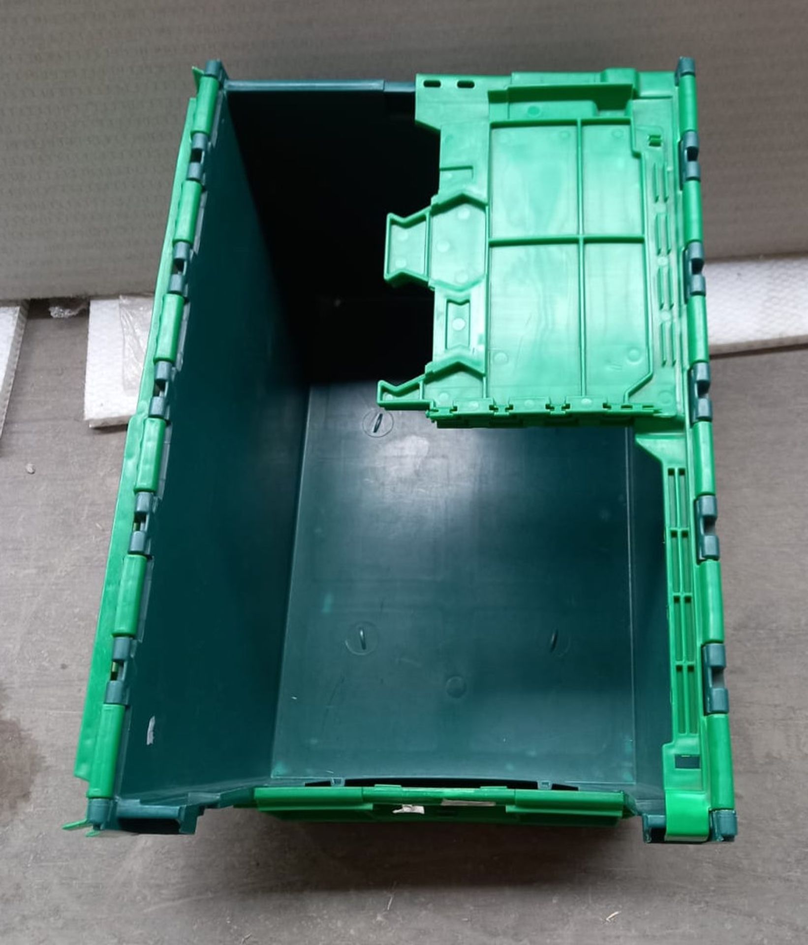 20 x Robust Green Plastic Secure Storage Tote Picking Boxes / Bins with Attached Back-Fold Hinged - Image 3 of 4