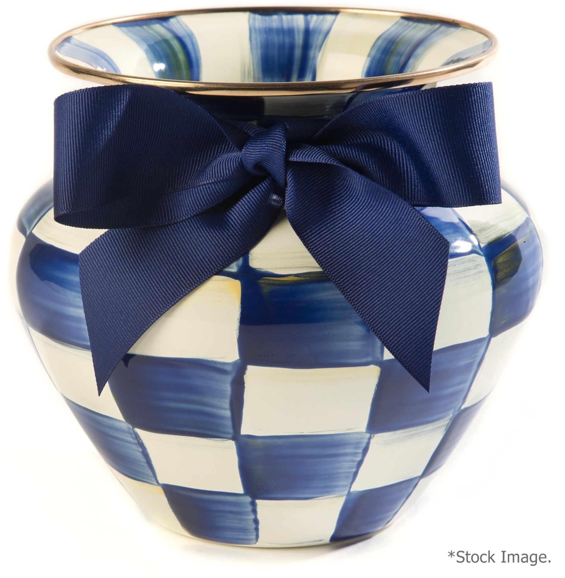 1 x MACKENZIE-CHILDS Luxury Large 'Royal Check' Handpainted Enamel Vase - Original Price £197.00