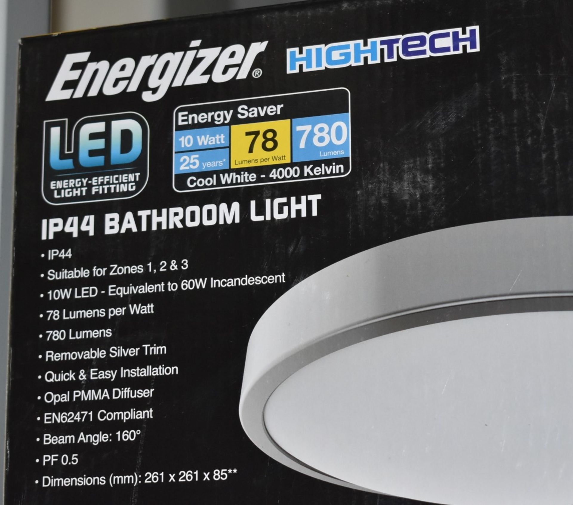 1 x Energizer 10w LED Bathroom Light - IP44 Rated - 4000k Cool White - Silver Finish With Opal - Image 4 of 5