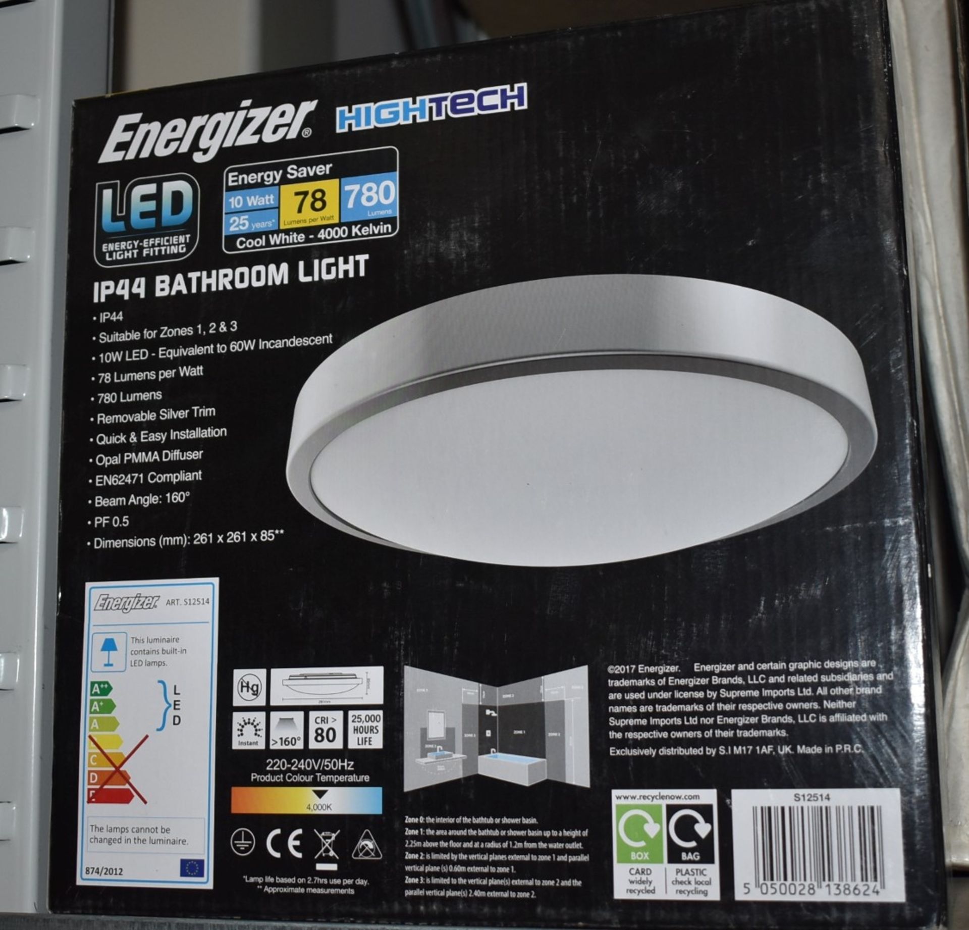 1 x Energizer 10w LED Bathroom Light - IP44 Rated - 4000k Cool White - Silver Finish With Opal - Image 3 of 5