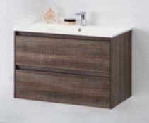 1 x Zebra Walnut Wall Mounted 750mm Vanity Cabinet With Sink Basin - New Boxed Stock!