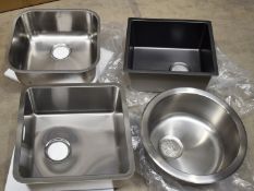 4 x Assorted Single Bowl Sink Basins - Various Metal Designs - Approx Width 450mm - New and Unused -