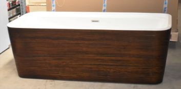 1 x Freestanding Acrylic Bath Tub With Wood Grain Effect Surround & Integral Shelf - New and Unused