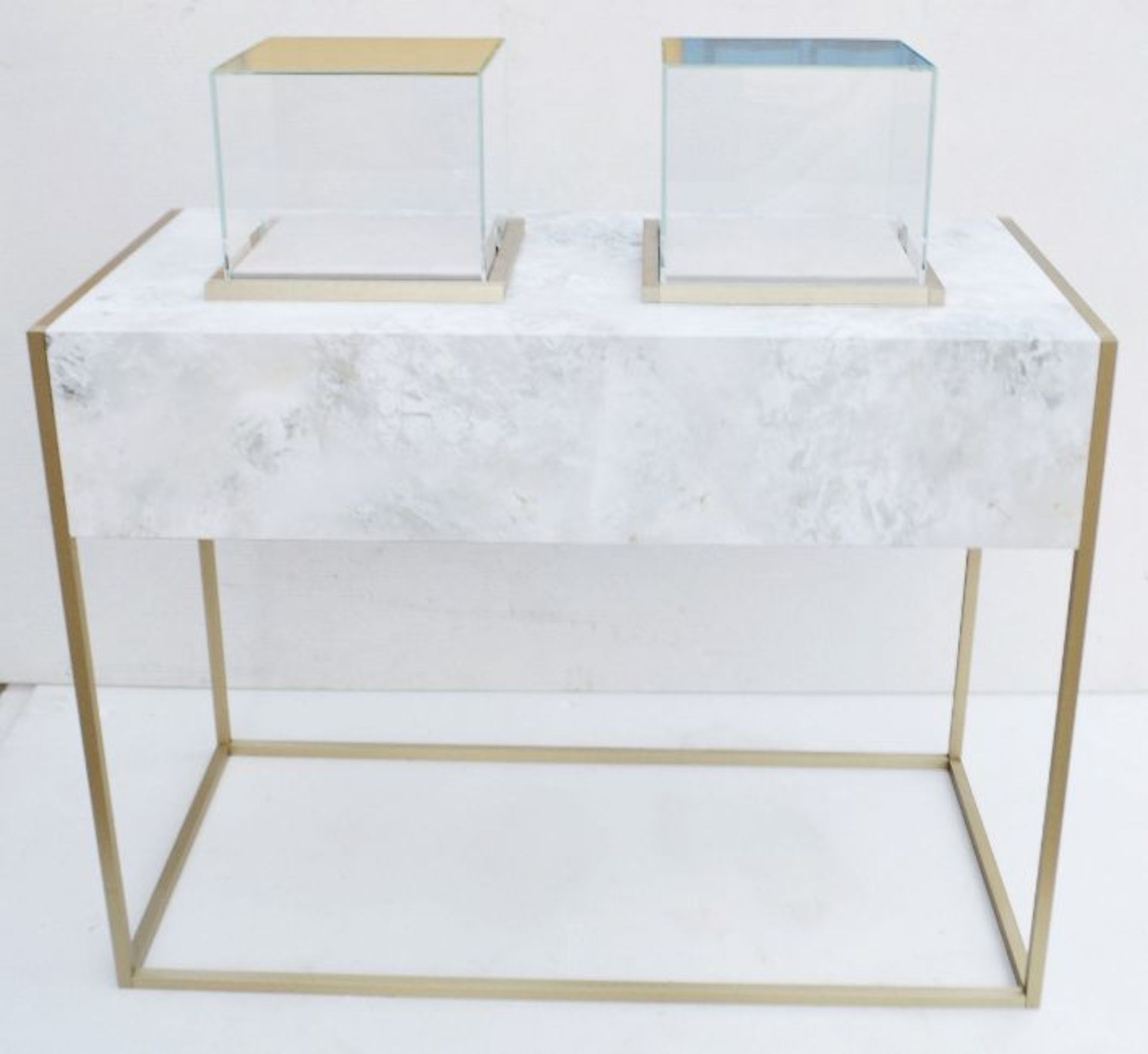 1 x BALDI Designer Retail Display Counter Featuring A Marble Effect Aesthetic And 2 x Clear Glass