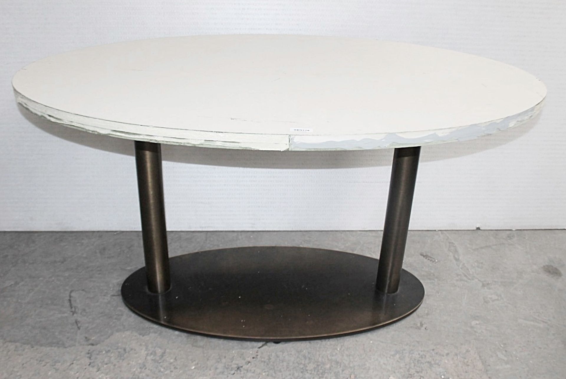 A Pair Of Oval Commercial Bistro Tables With A Brass Trim And Sturdy Metal Bases *Read Description* - Image 2 of 7