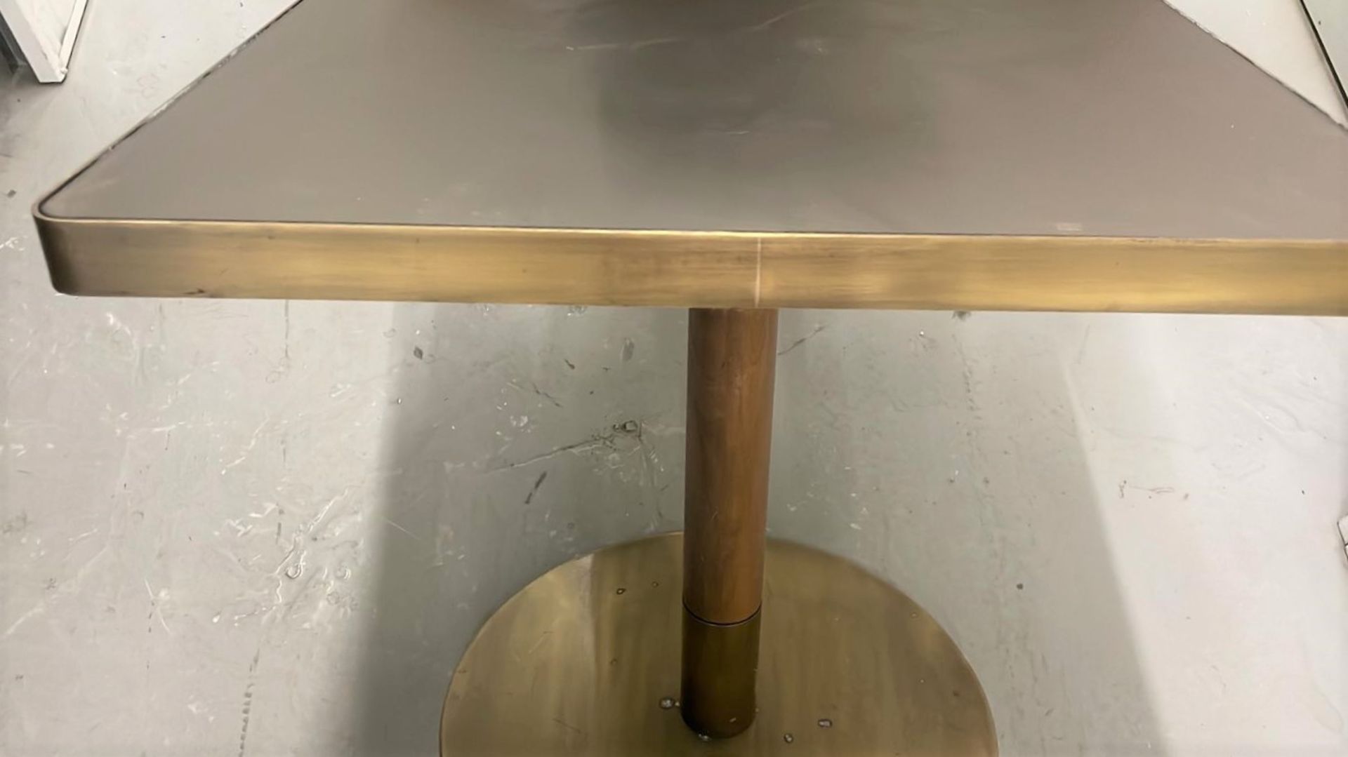 4 x Restaurant Dining Tables By AKP Design Athens - Coloured Glass Top With Antique Brass Edging - Image 9 of 9