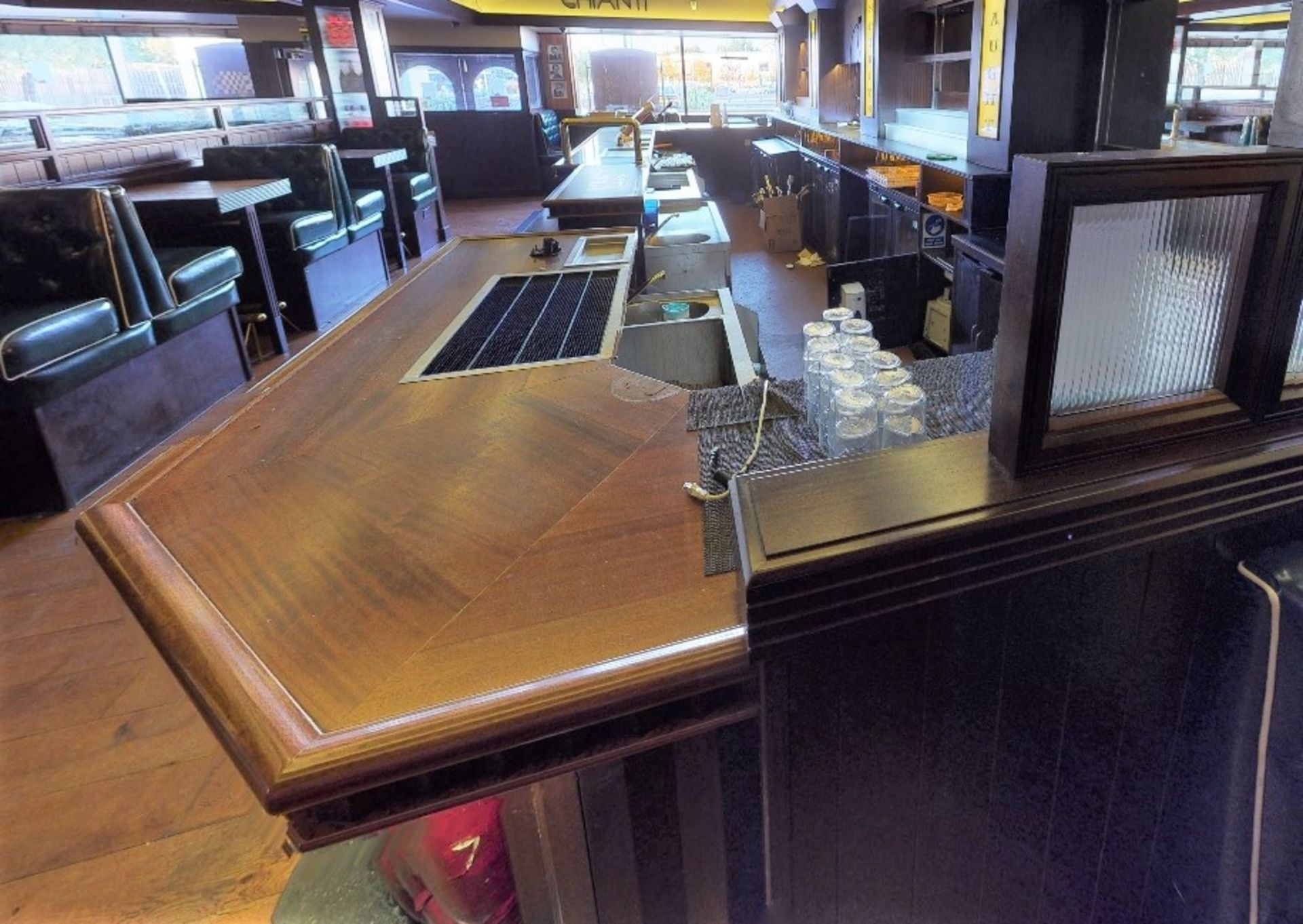 1 x Commercial Restaurant Bar Featuring a Wooden Bar Top, Studded Red Leather Facia Panels - Image 5 of 9