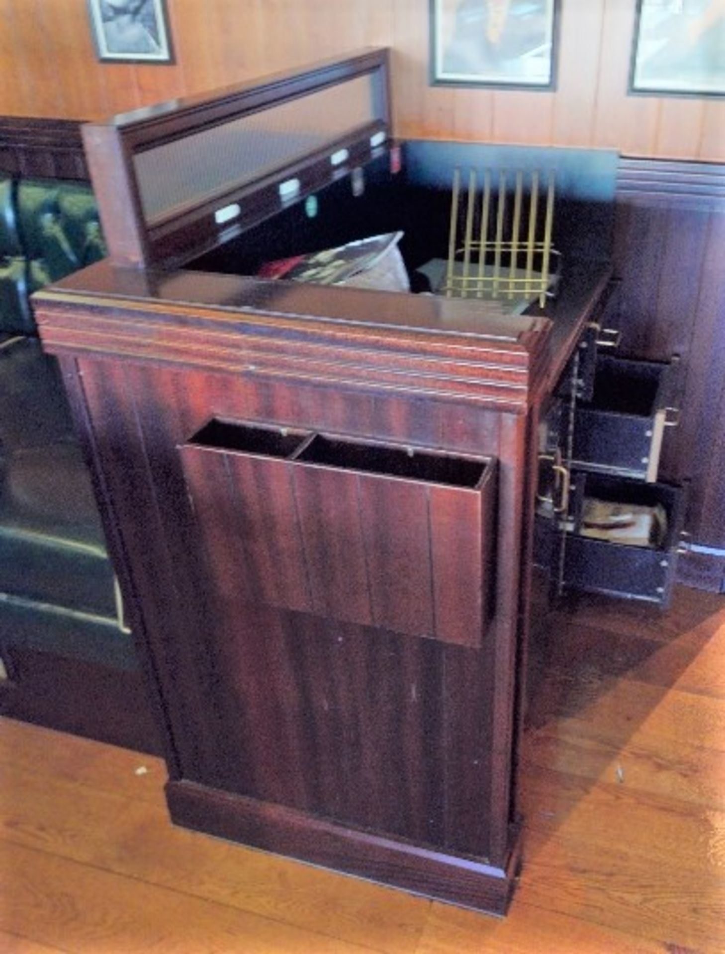 2 x Waiter Stations Featuring a Dark Wooden Finish, Menu Holders, Privacy Panels and Cupboards -