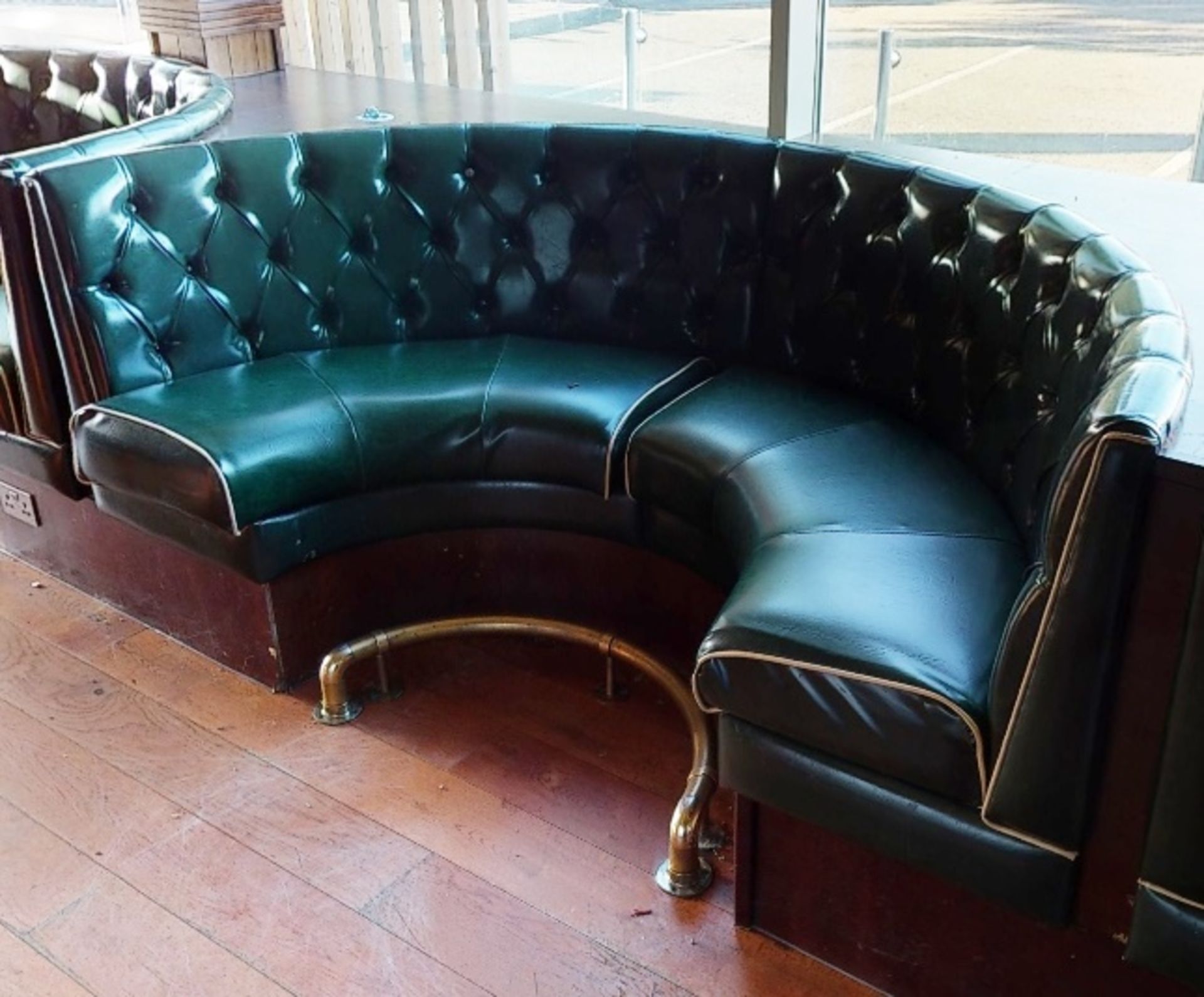 1 x Restaurant C Shaped Seating Booth With Brass Footrest - Regency Green Upholstery & Studded Backs - Image 2 of 3