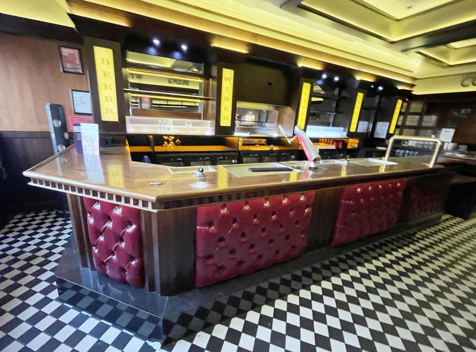 1 x Commercial Restaurant Bar Featuring a Wooden Bar Top, Studded Red Leather Facia Panels - Image 2 of 9