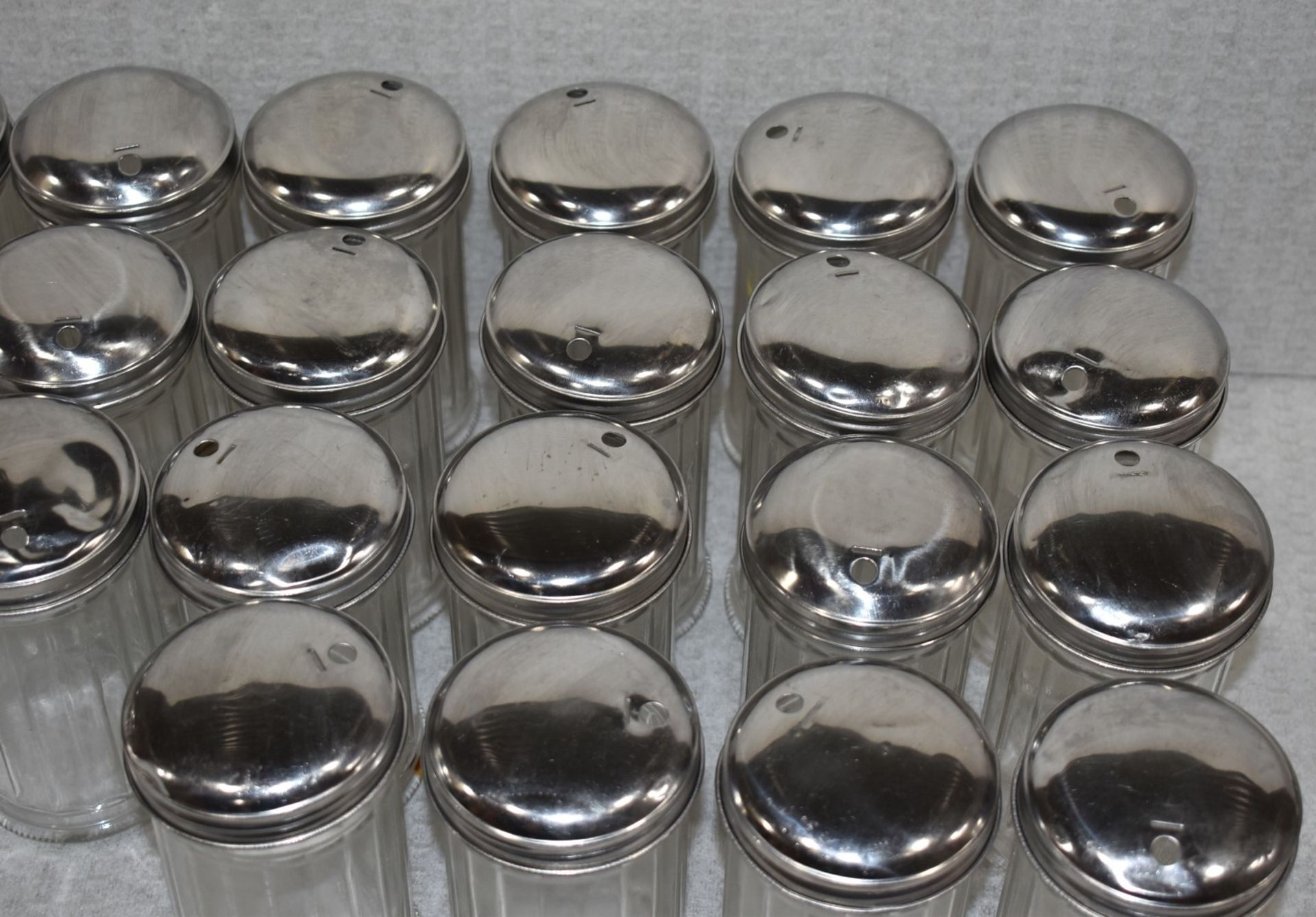 22 x Glass Sugar Dispensing Pots With Stainless Steel Lids - Suitable For Cafes or Restaurants - Image 2 of 5