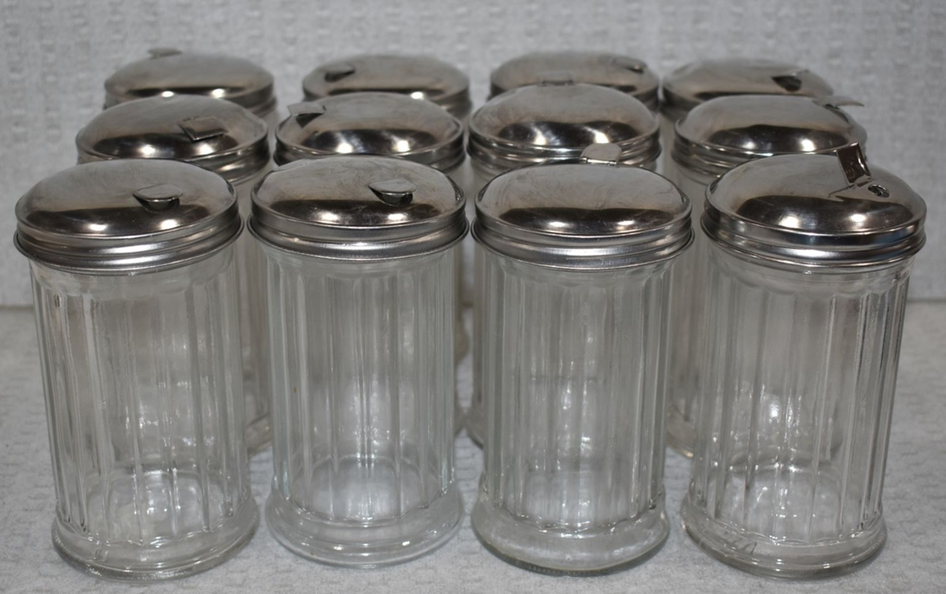 14 x Glass Sugar Dispensing Pots With Stainless Steel Lids - Suitable For Cafes or Restaurants - Image 6 of 8