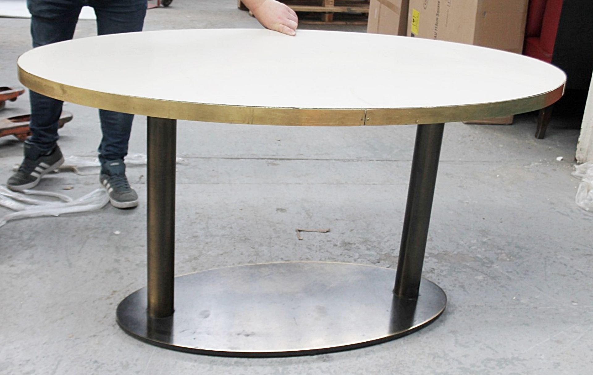 A Pair Of Oval Commercial Bistro Tables With A Brass Trim And Sturdy Metal Bases *Read Description* - Image 7 of 7