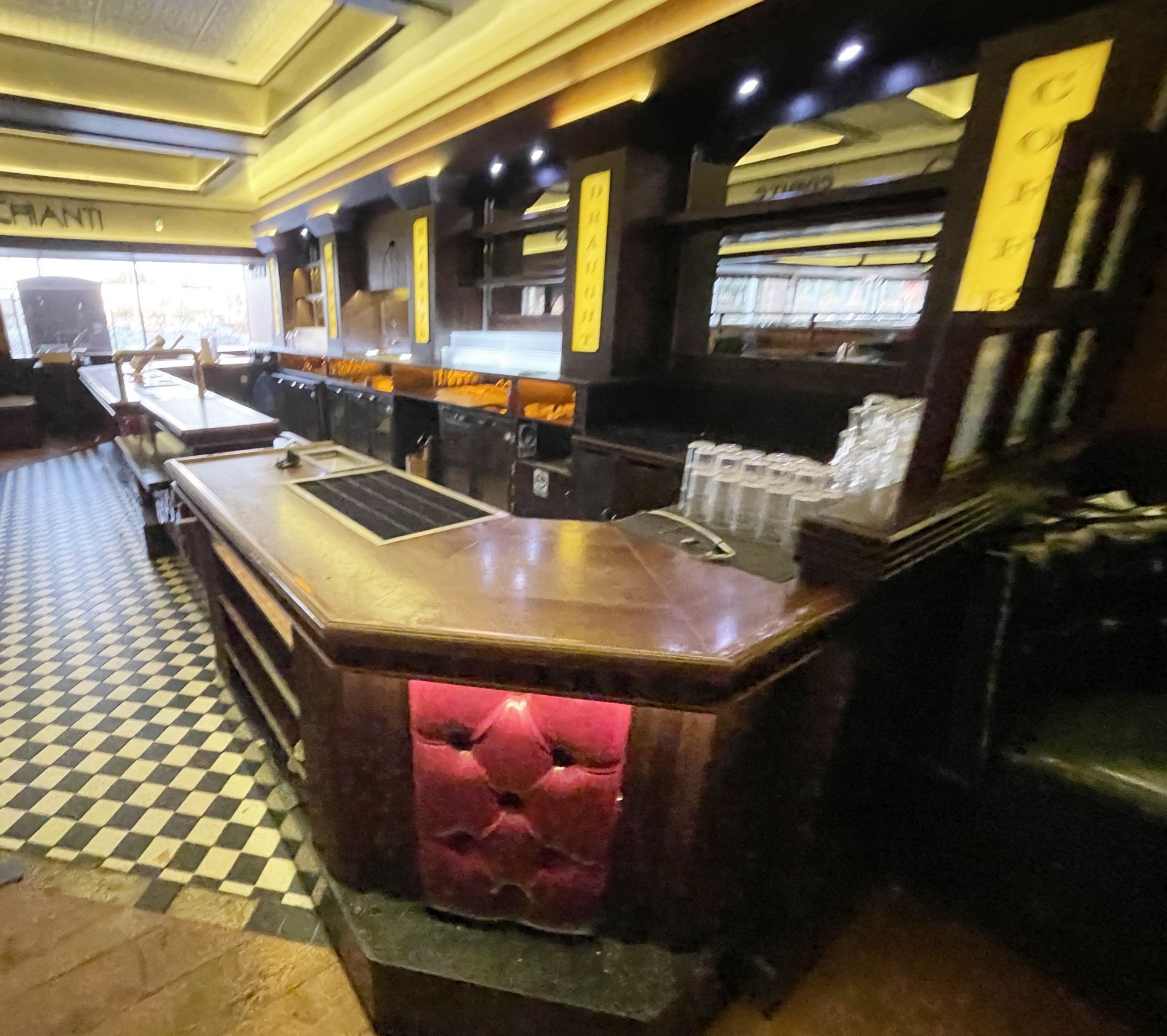 1 x Commercial Restaurant Bar Featuring a Wooden Bar Top, Studded Red Leather Facia Panels - Image 4 of 9