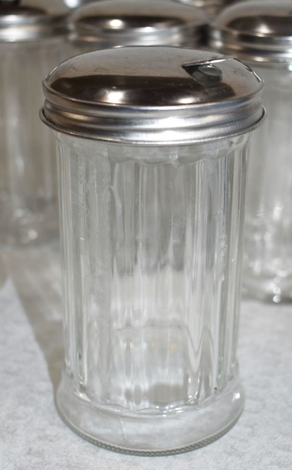 14 x Glass Sugar Dispensing Pots With Stainless Steel Lids - Suitable For Cafes or Restaurants - Image 3 of 8