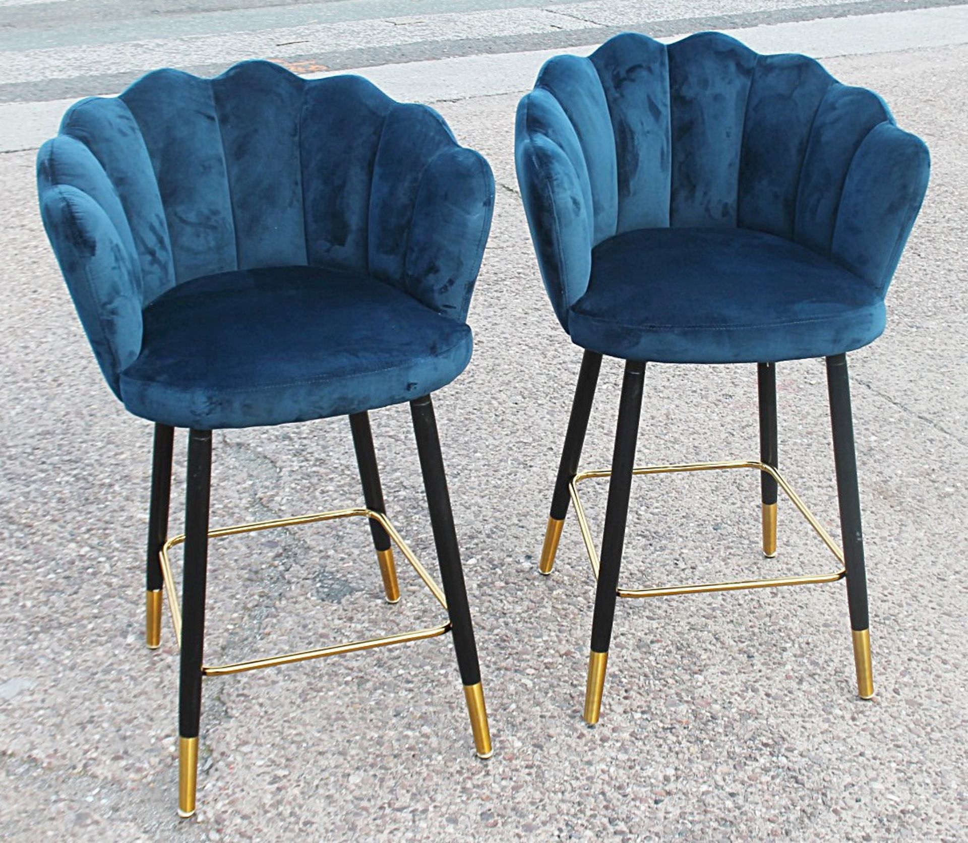 6 x Art Deco-Inspired Velvet Upholstered Scalloped-Back Bar Stools In Dark Blue - Recently Removed