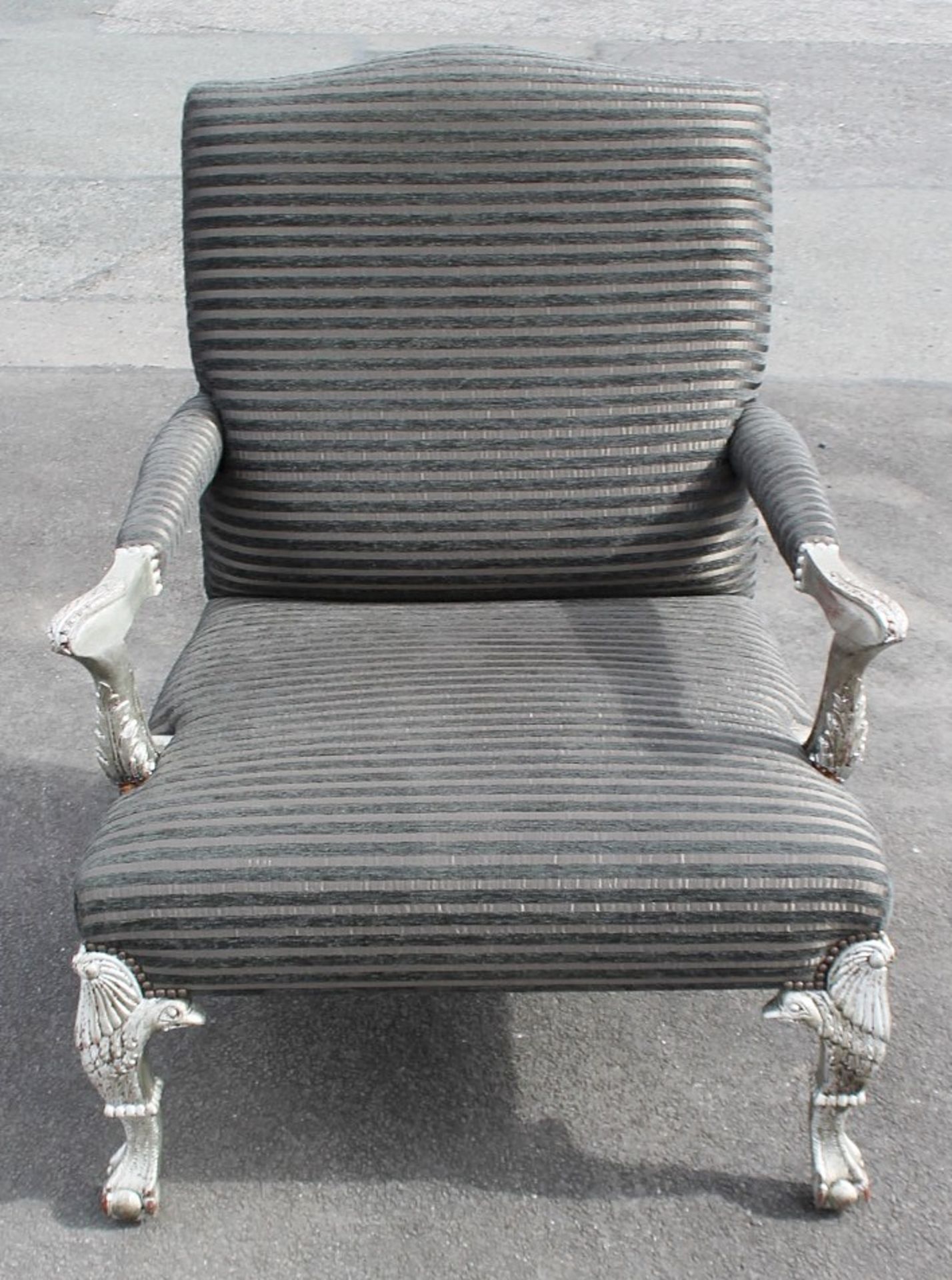 1 x Stylish Oversized Striped Armchair Featuring Carved Ball And Claw Feet With Ball Castors And - Image 3 of 8