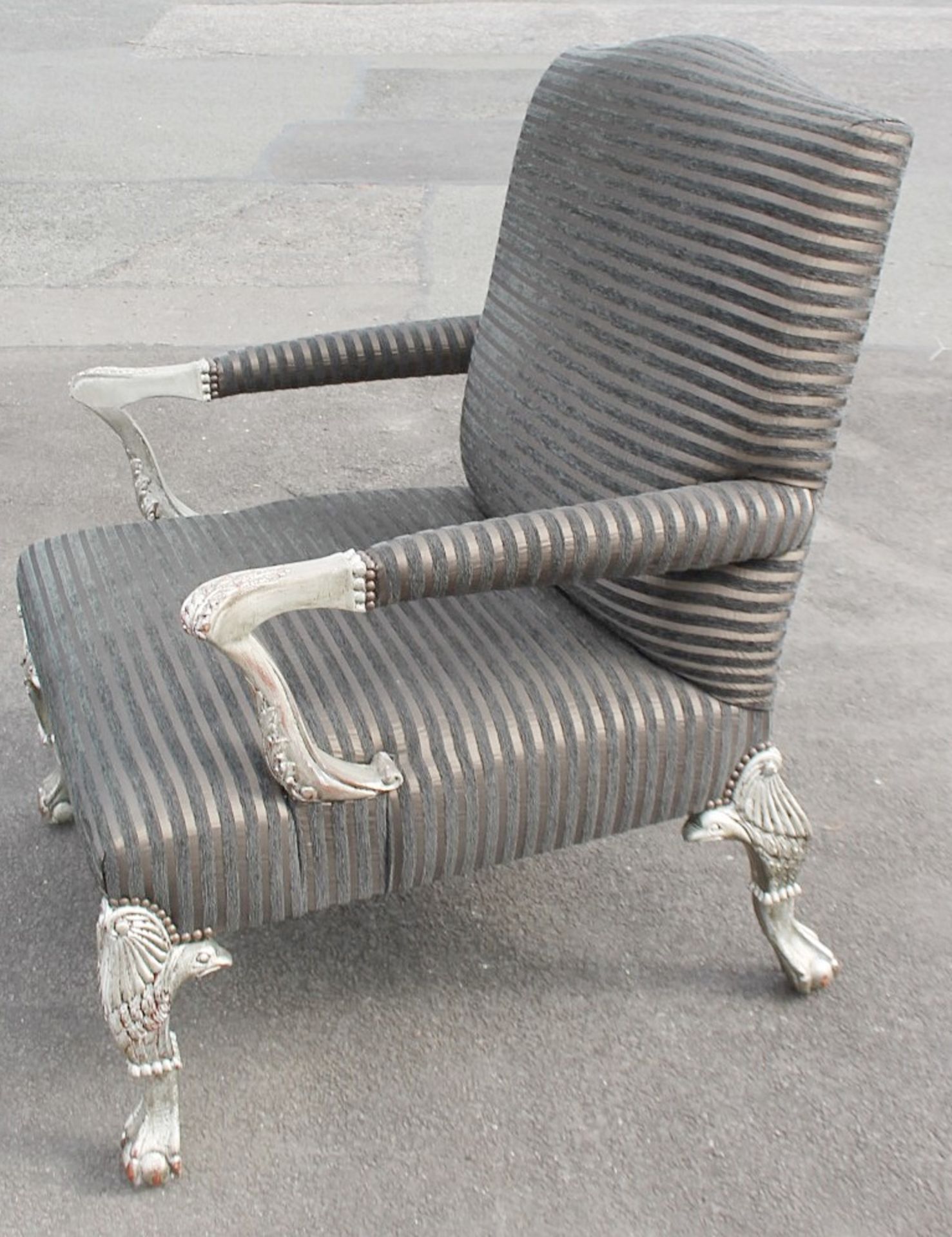 1 x Stylish Oversized Striped Armchair Featuring Carved Ball And Claw Feet With Ball Castors And - Image 8 of 8