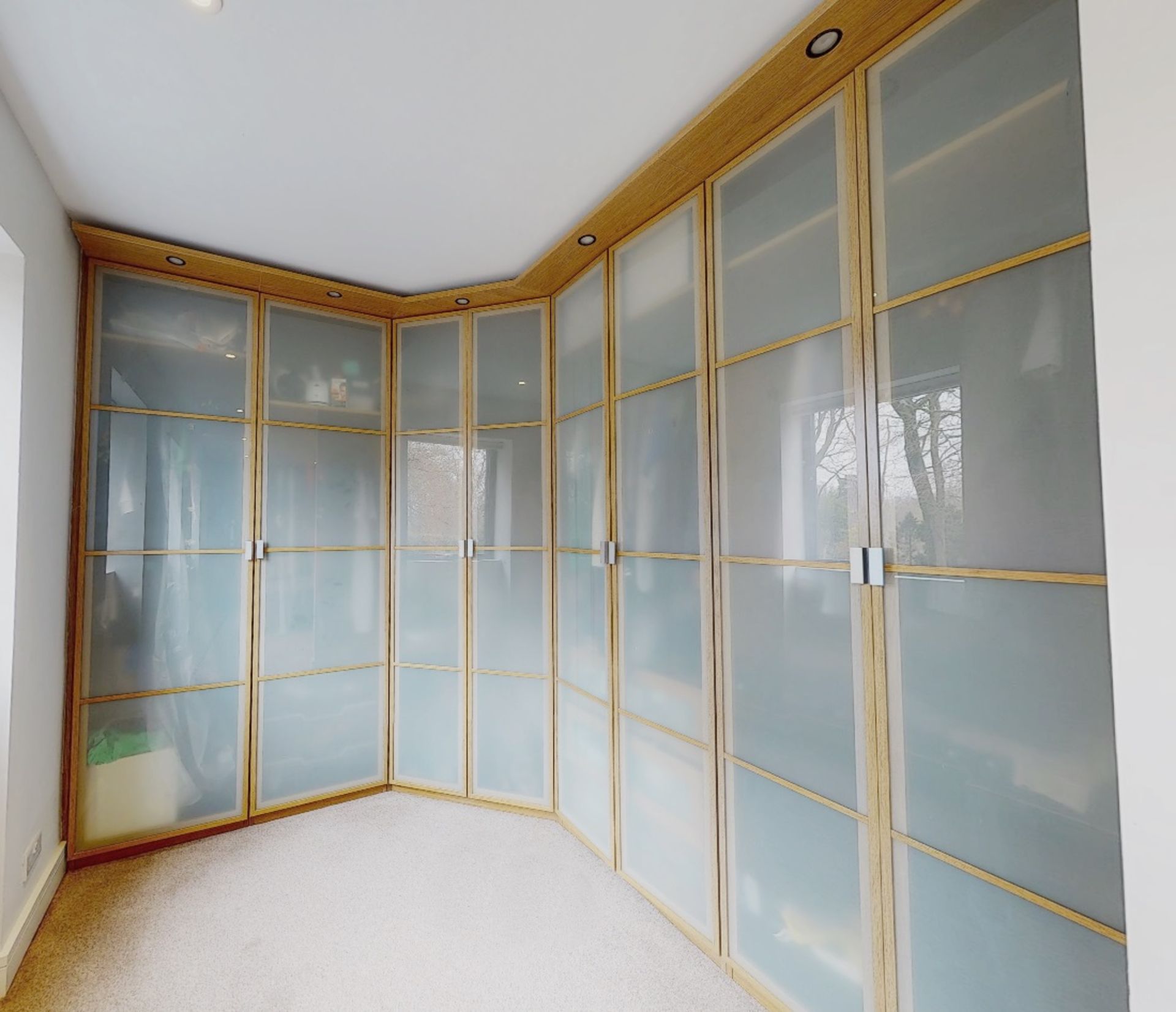 Large Bank Of Bespoke Fitted Master Bedroom Wardrobe Storage With Frosted Glass 8-Door Frontage -