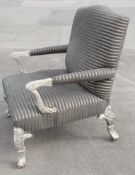 1 x Stylish Oversized Striped Armchair Featuring Carved Ball And Claw Feet