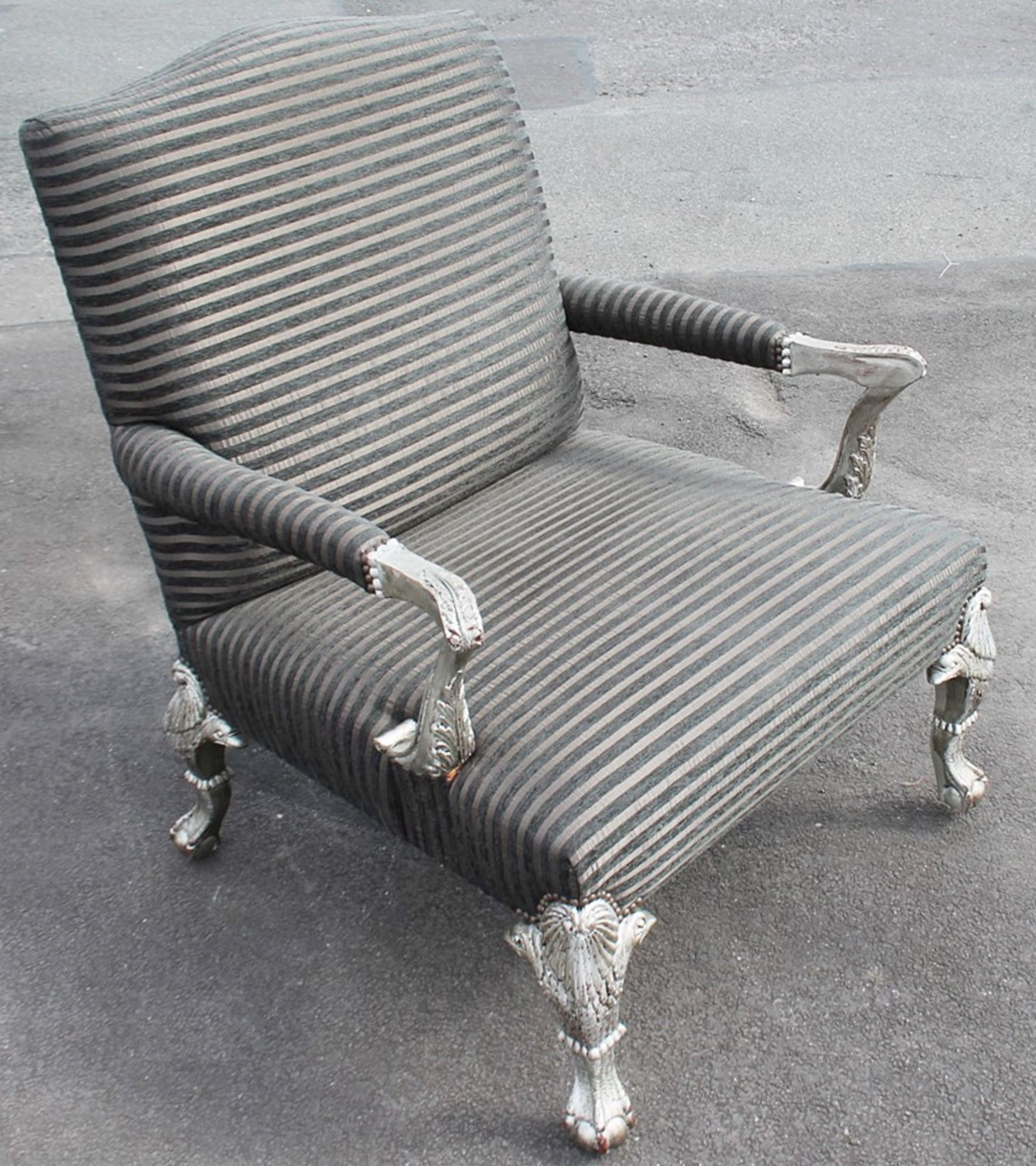 1 x Stylish Oversized Striped Armchair Featuring Carved Ball And Claw Feet With Ball Castors And