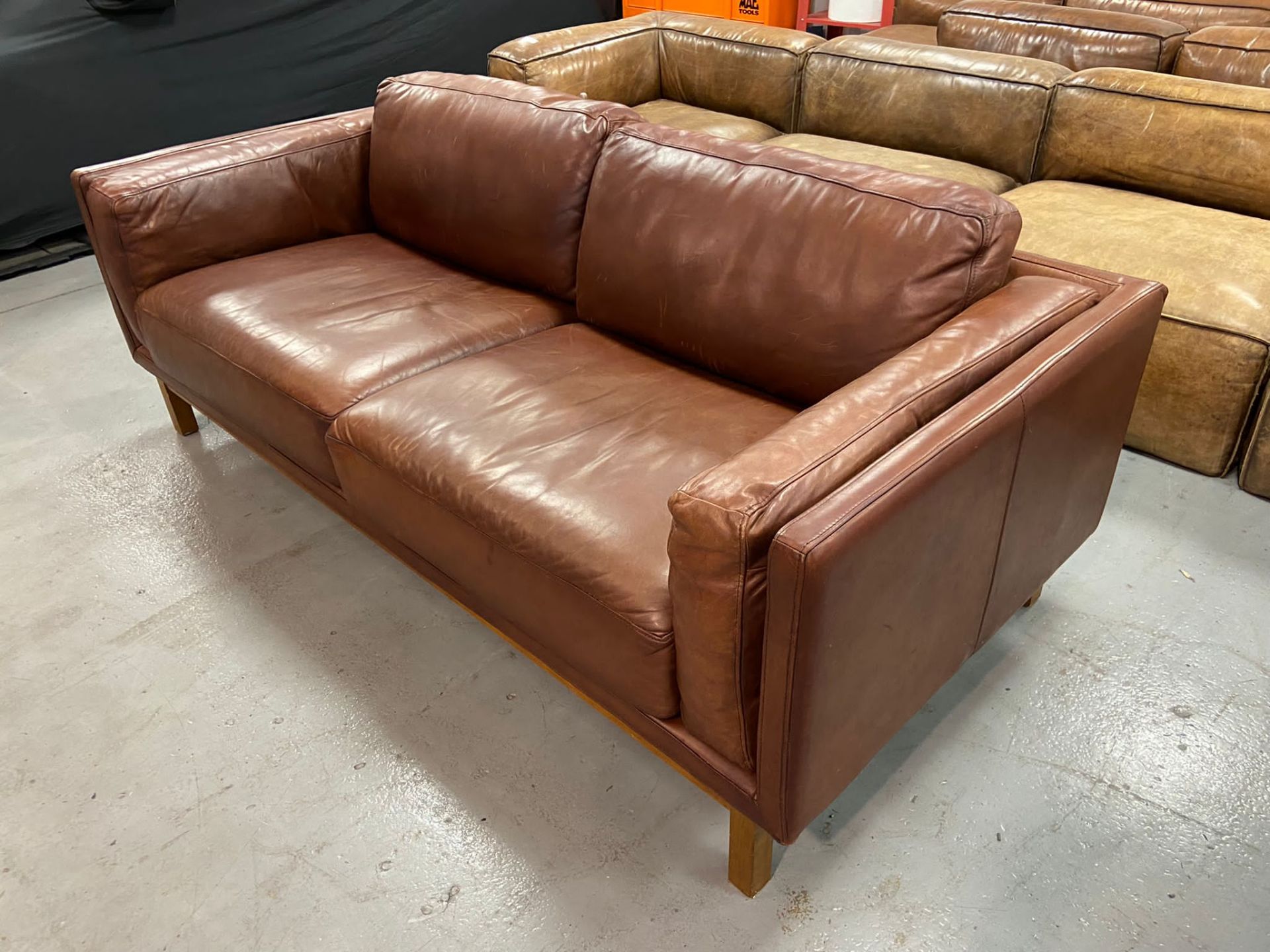 1 x West Elm Dekalb Contemporary Three Seater Sofa - Upholstered in Quality Tan Leather With Oak Fee - Image 5 of 6