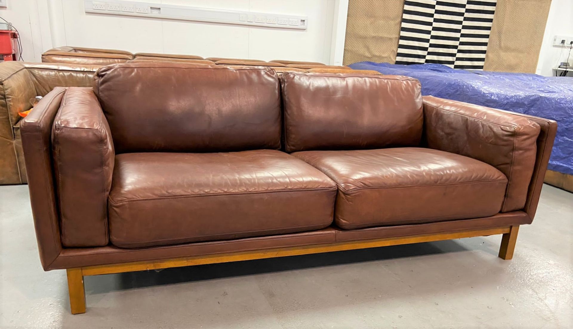 1 x West Elm Dekalb Contemporary Three Seater Sofa - Upholstered in Quality Tan Leather With Oak Fee - Image 4 of 6