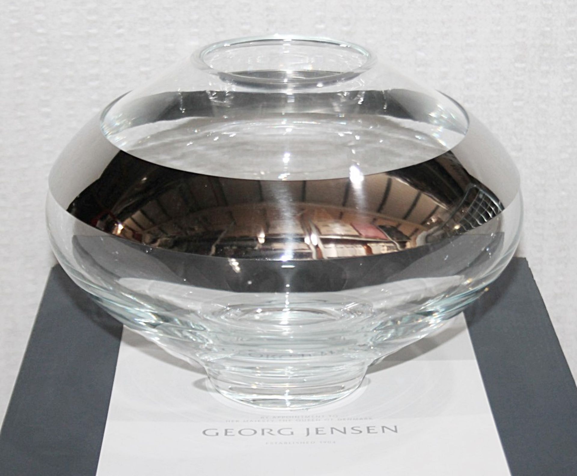 1 x GEORG JENSEN 'Duo' Round Artisan Glass Vase With Steel Collar (Medium) - Original Price £159. - Image 3 of 8