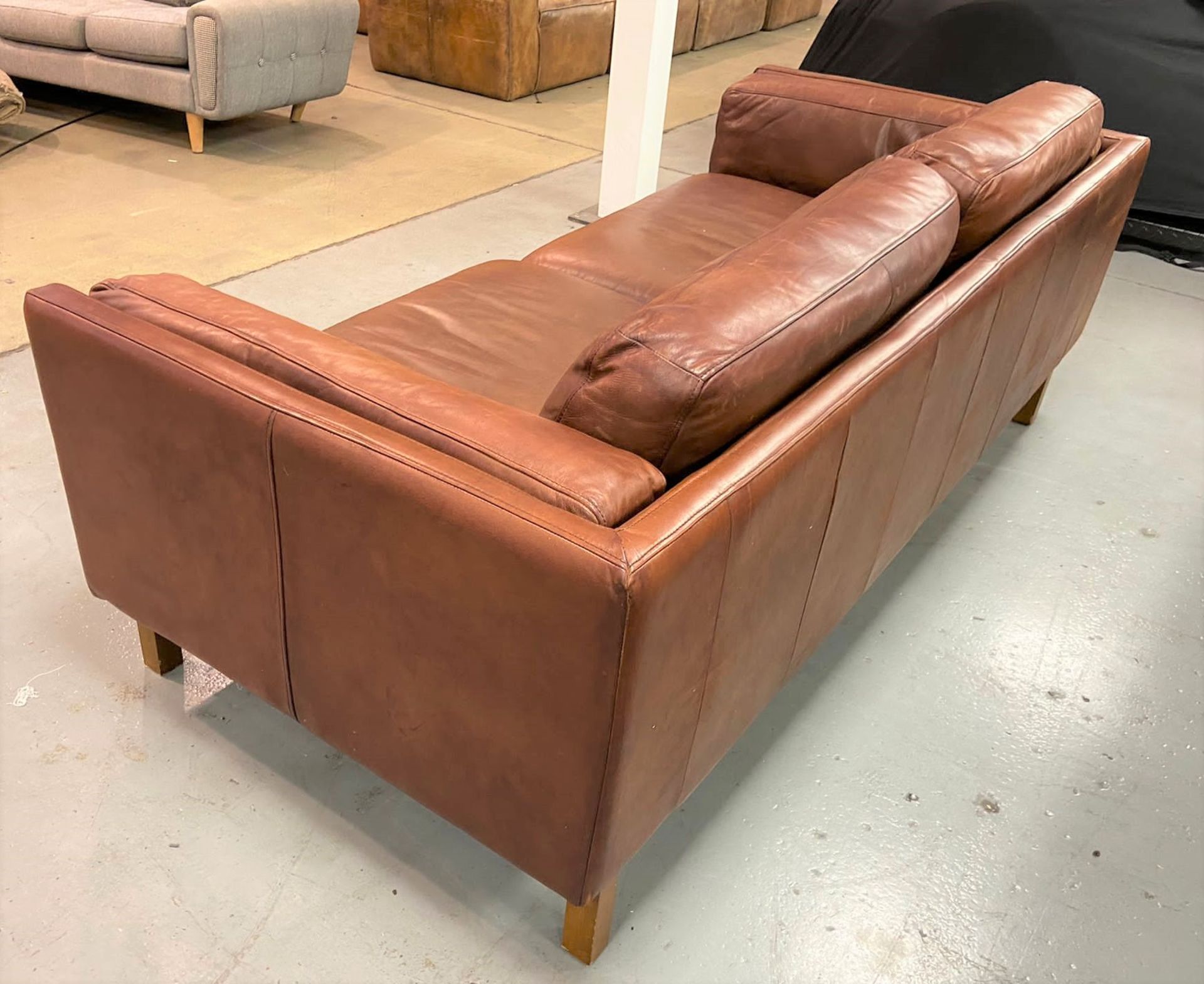 1 x West Elm Dekalb Contemporary Three Seater Sofa - Upholstered in Quality Tan Leather With Oak Fee - Image 6 of 6